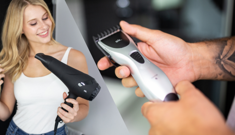 A young woman drying her long, blonde hair with an ok. hairdryer, a young man with an arm tattoo holding a trimmer of the same brand, collage